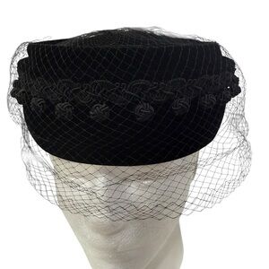 Adele Claire New York Black Velvet Pillbox Hat with embroidery / stick Hair Pin